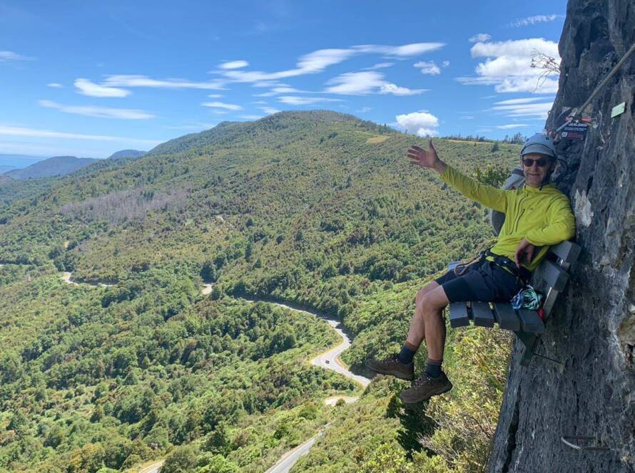 Sitting on the skybench is a highlight on the Takaka Hill via ferrata.